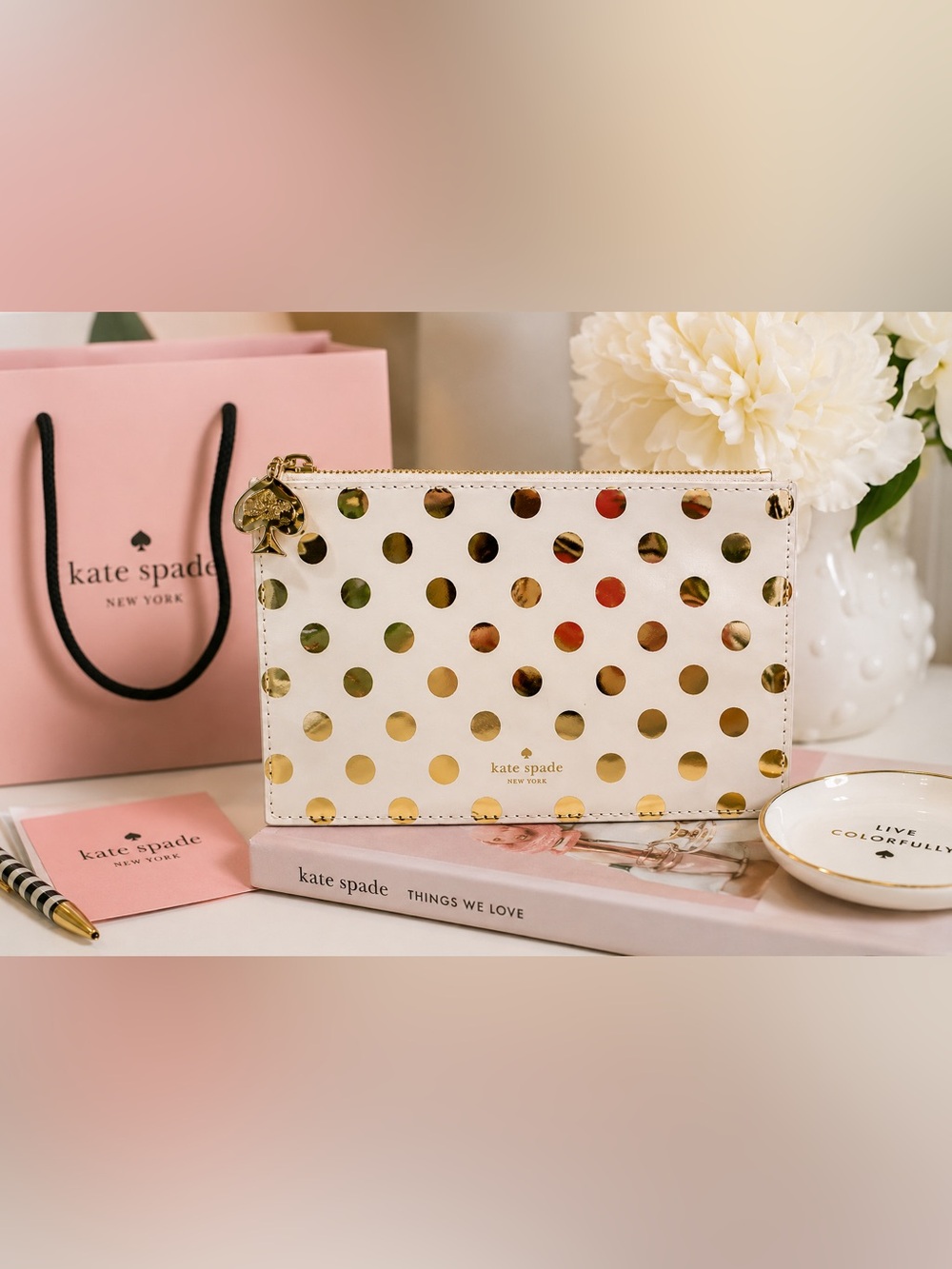kate spade Gold Polka Dot Zip Pouch Bag‎